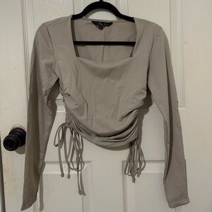 Foxy Jeans Taupe Ruched Square Neck Long Sleeve Top | Size S